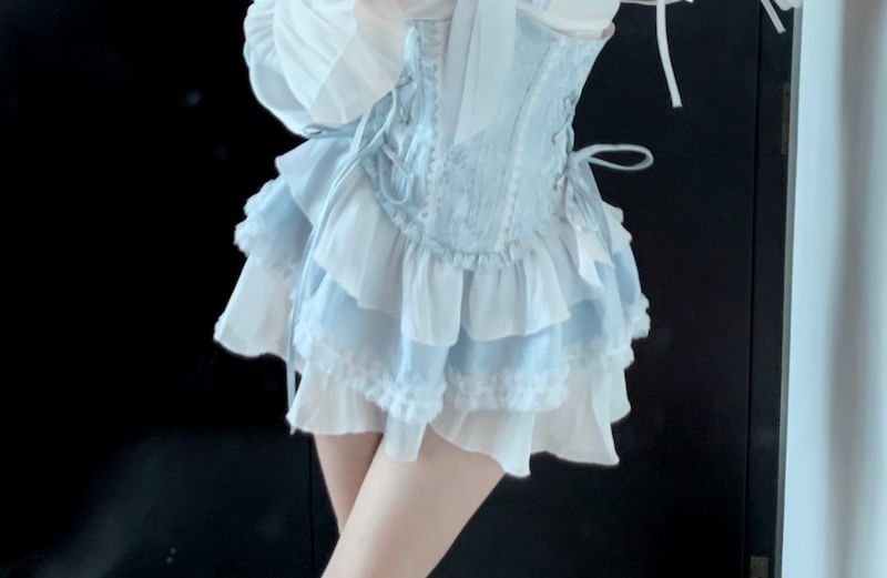 Lace-Up Belt / Off-Shoulder Mini Trim Puff-Sleeve A-Line Two Dress Lace Tone Corset Patterned