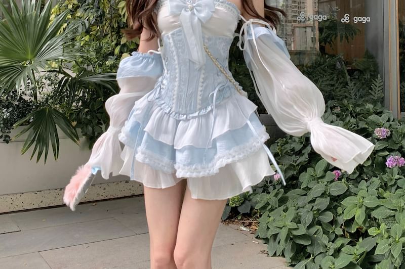 Off-Shoulder Lace Dress with Corset Belt Set