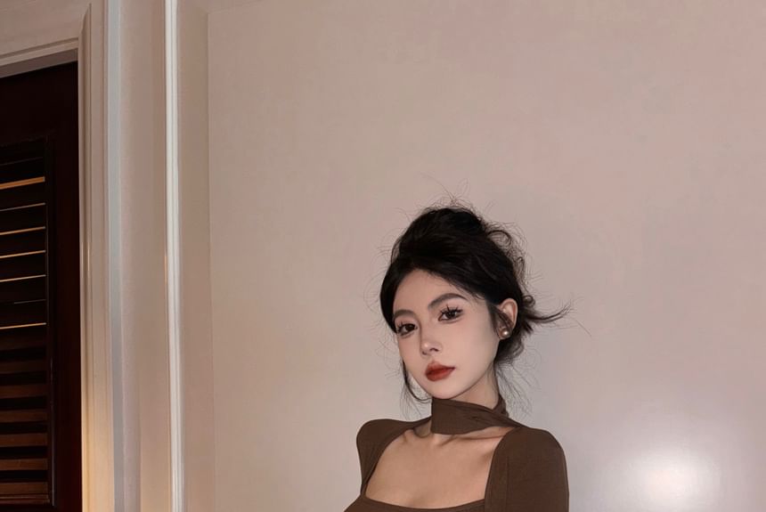 Scarf Mid Set T-Shirt Skirt Rise Leather Plain Mini Neck Faux / Long-Sleeve Pencil Square