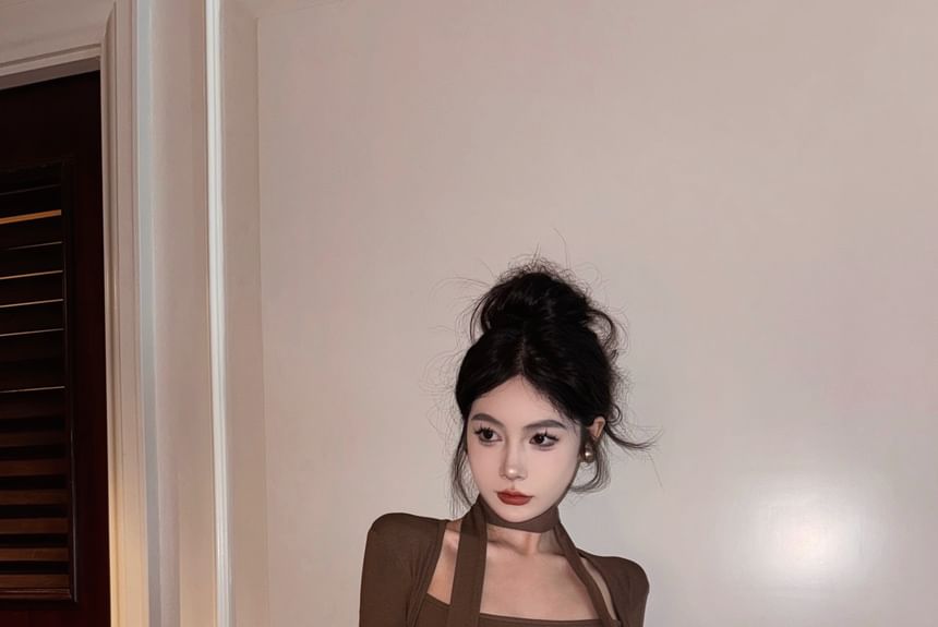 Square Neck Tee, Scarf, and Faux Leather Pencil Skirt Set
