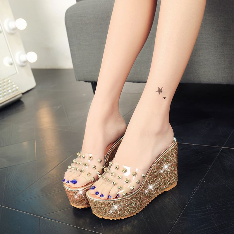 Sandals Slide Wedge Heel Platform Studded