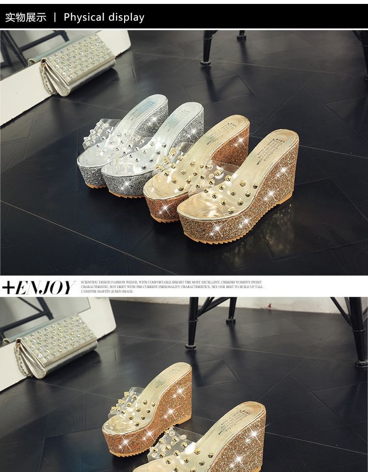 Sandals Slide Wedge Heel Platform Studded