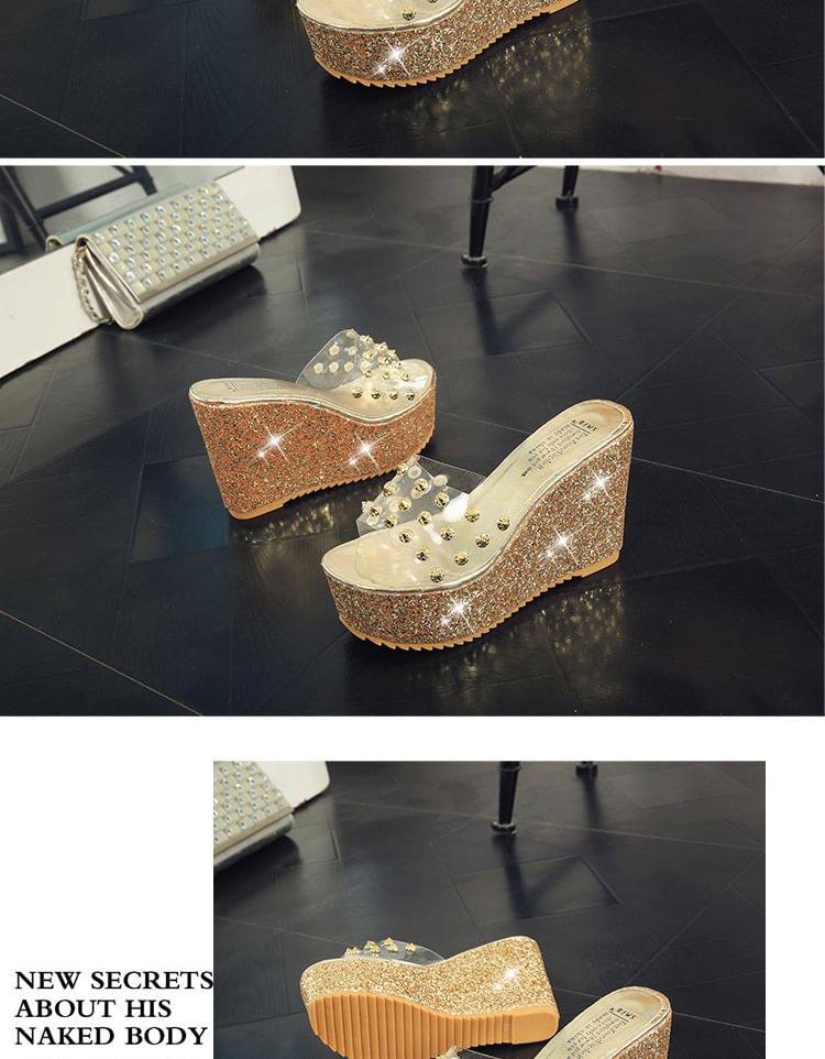 Sandals Slide Wedge Heel Platform Studded