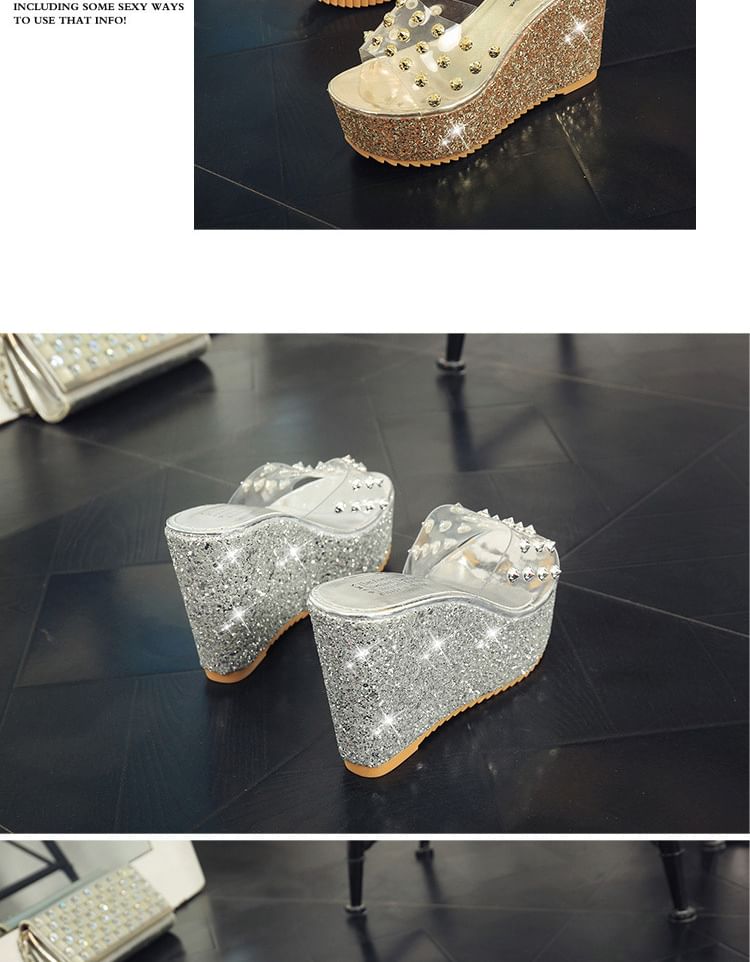 Sandals Slide Wedge Heel Platform Studded