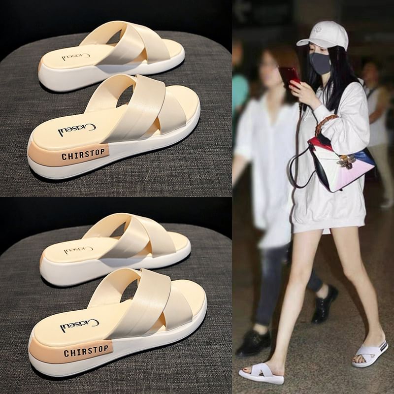 Wedge Slide Sandals Lettering Heel