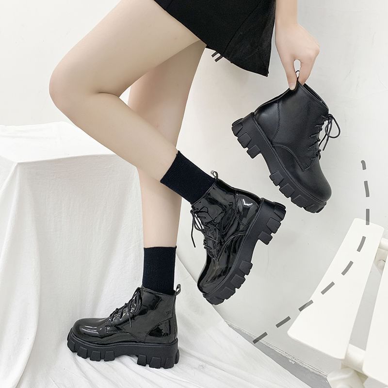 Heel Short Boots Lace-Up Platform Chunky