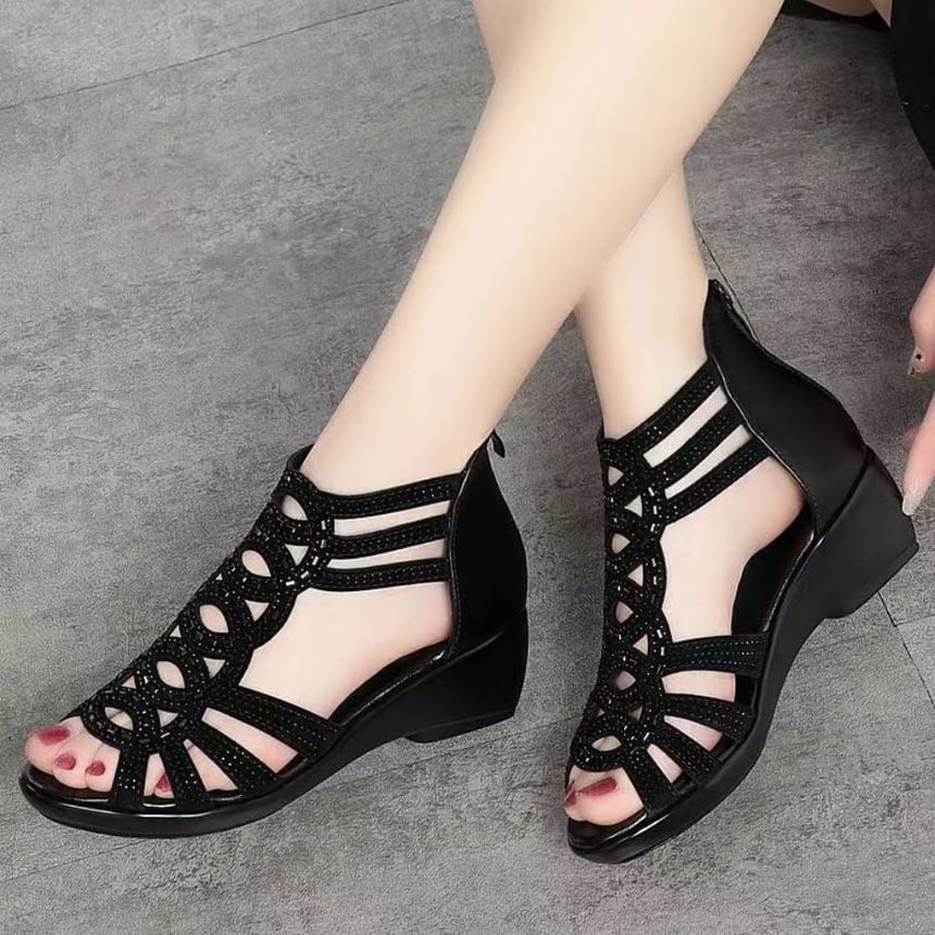 Roman Rhinestone Heel Wedge Sandals
