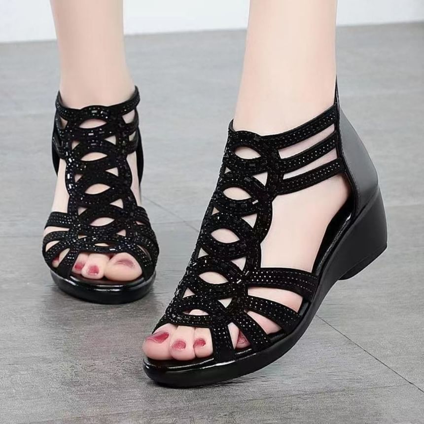 Roman Rhinestone Heel Wedge Sandals