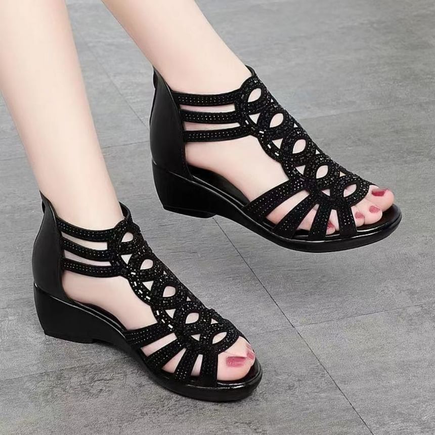 Roman Rhinestone Heel Wedge Sandals