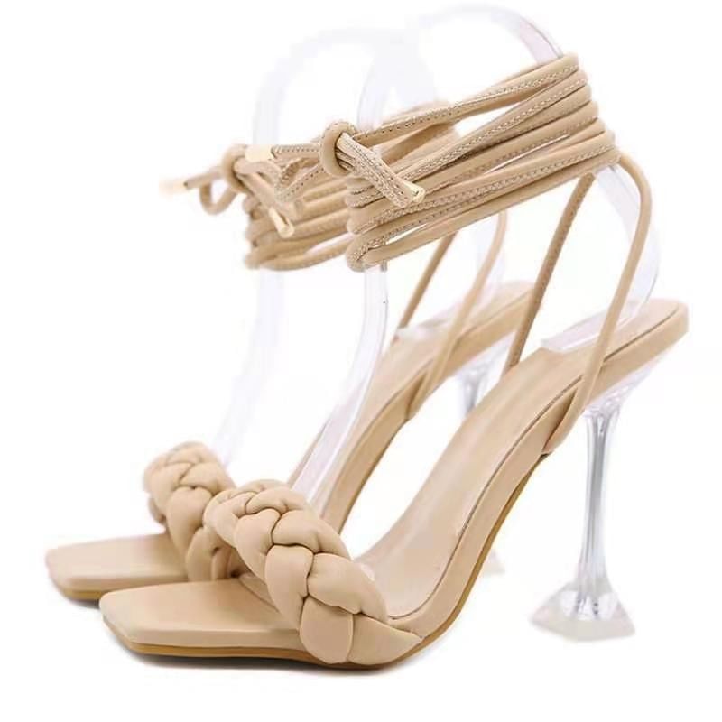 Sandals Square-Toe Braided Heel High