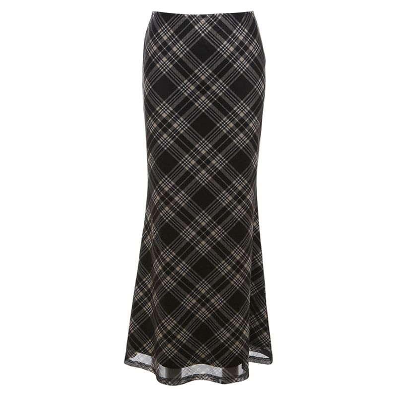 Plaid Mesh Mermaid Maxi Skirt with Mid Waistline
