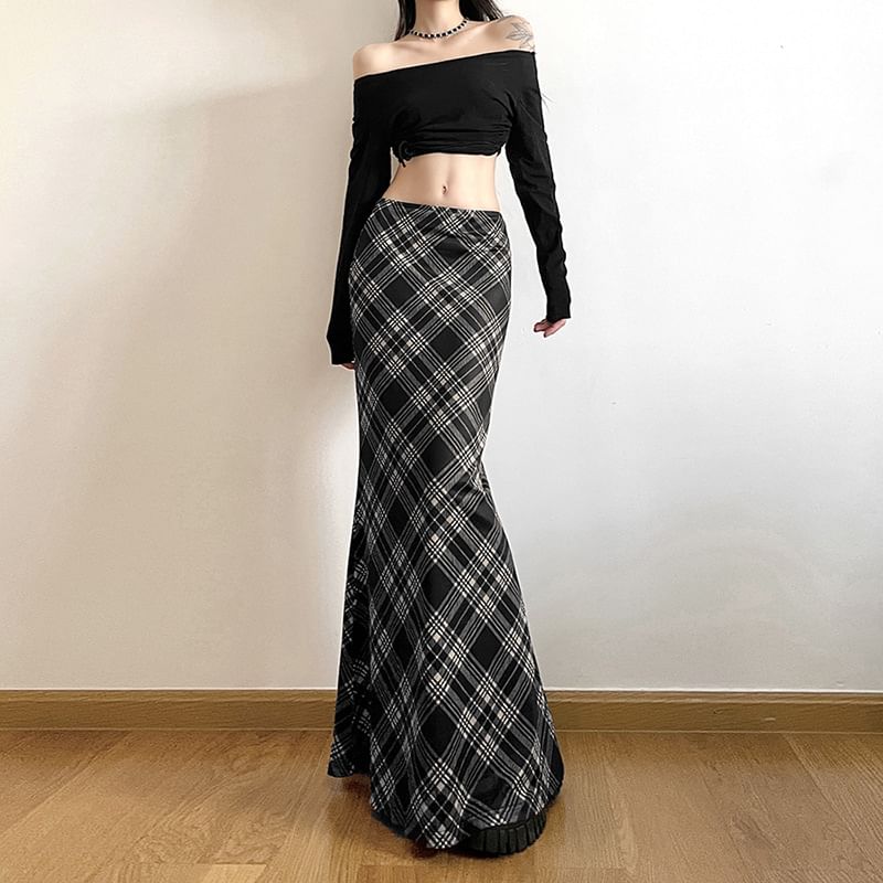 Plaid Mesh Mermaid Maxi Skirt with Mid Waistline