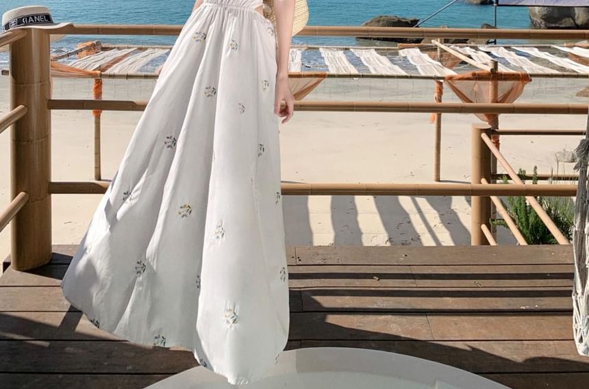 A-Line Dress Midi Neck Halter Embroidered