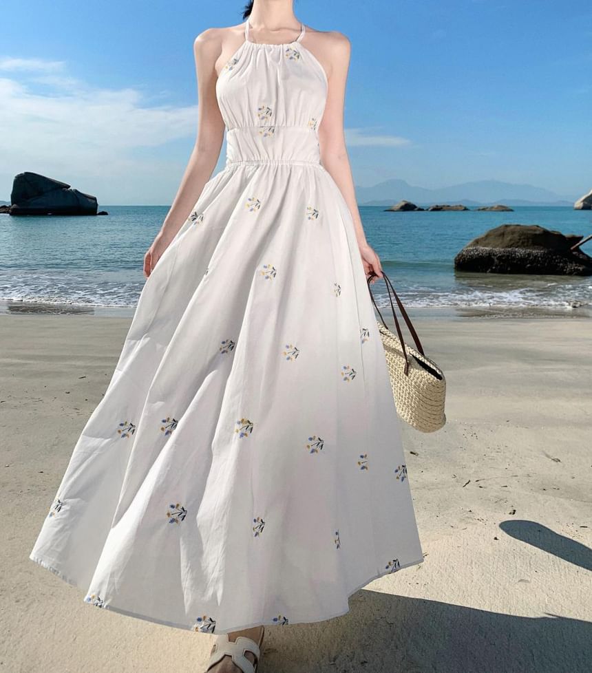 A-Line Dress Midi Neck Halter Embroidered