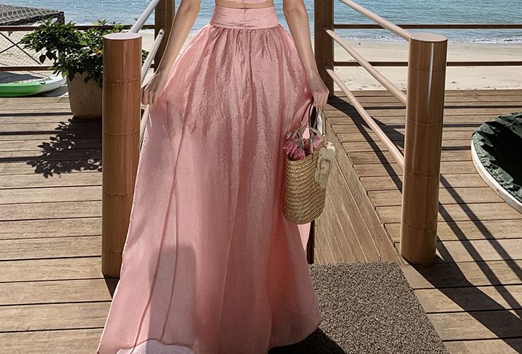 Skirt High Plain Camisole Waist + Maxi Set: Crop Top