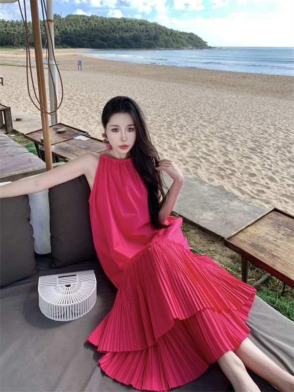 Dress Midi Tiered Sleeveless Plain