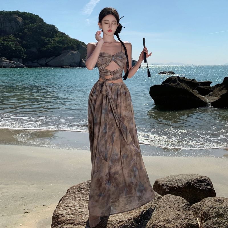 Dye + A-Line Waist Camisole Crop Tie Top Skirt Set: High Maxi