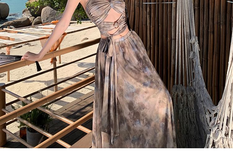 Dye + A-Line Waist Camisole Crop Tie Top Skirt Set: High Maxi