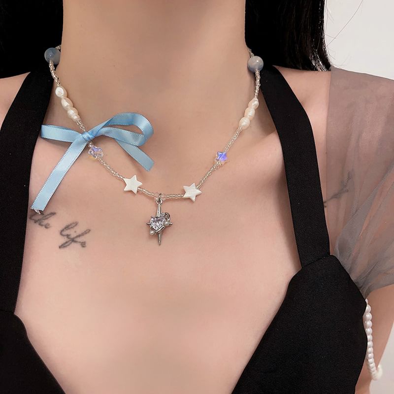 Pendant Ribbon Rhinestone Necklace