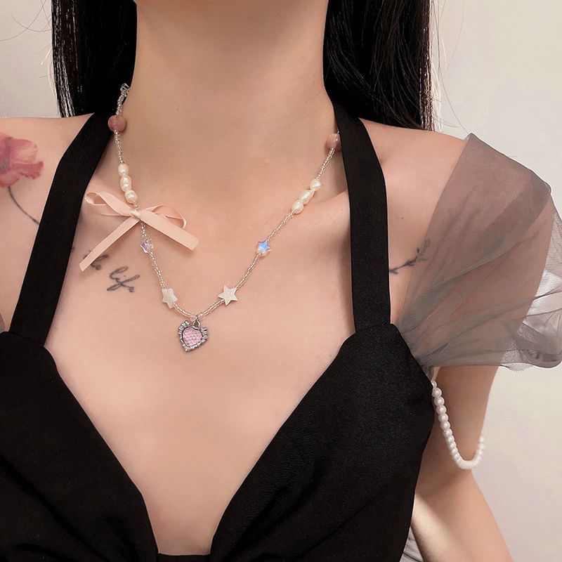 Pendant Ribbon Rhinestone Necklace