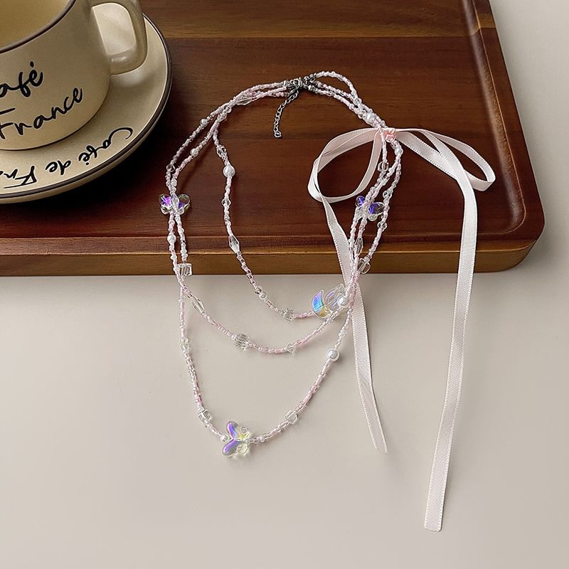 Bead Ribbon Necklace Layered Butterfly