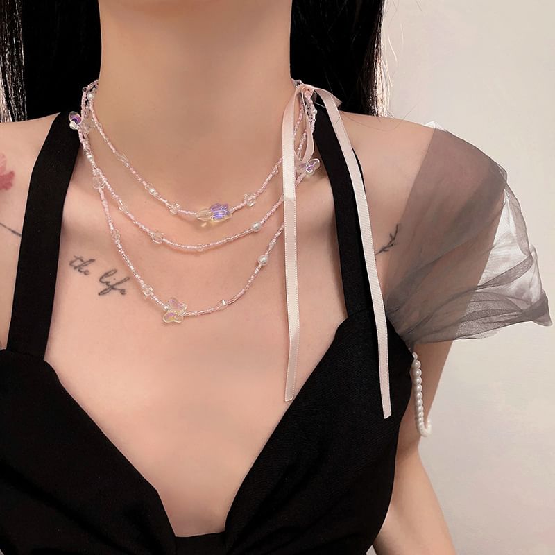 Bead Ribbon Necklace Layered Butterfly