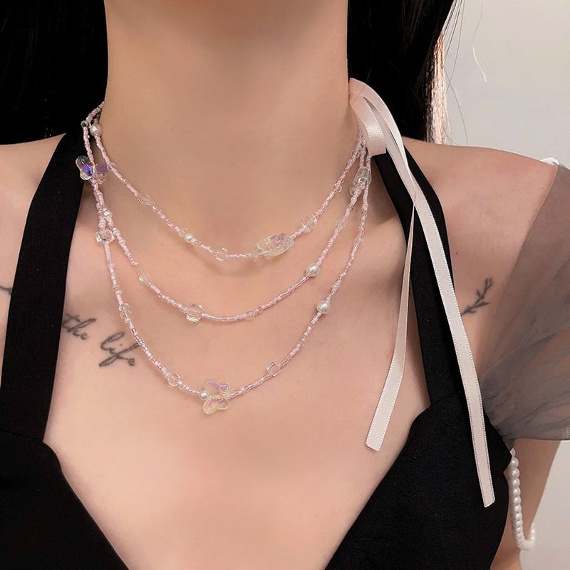 Bead Ribbon Necklace Layered Butterfly