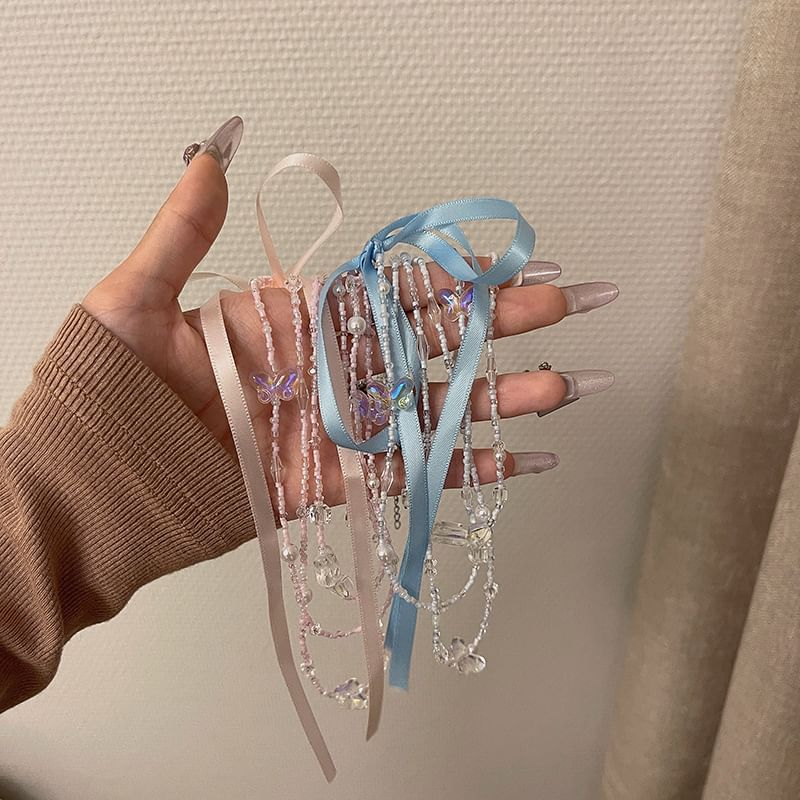 Bead Ribbon Necklace Layered Butterfly