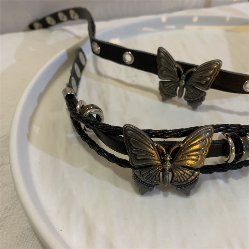 / Faux Bracelet Choker Leather Butterfly