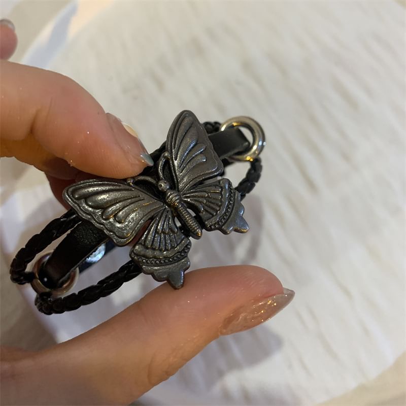 / Faux Bracelet Choker Leather Butterfly