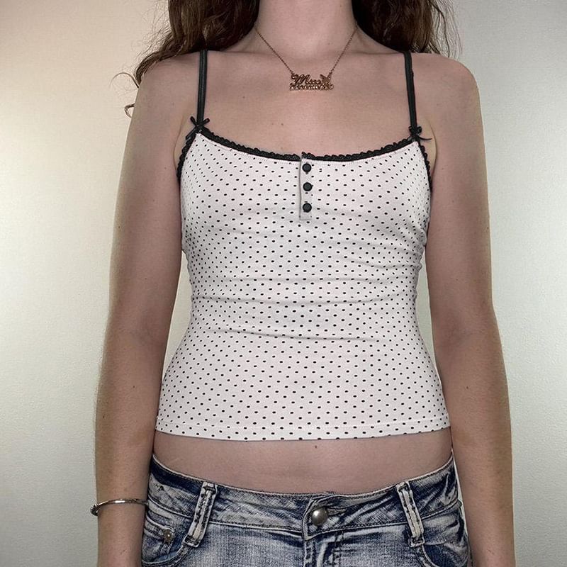 Dotted Lace-Trim Fitted Crop Camisole