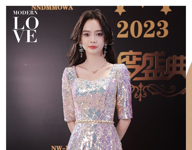 Elbow-Sleeve Dress Neck A-Line Maxi Iridescent Scoop