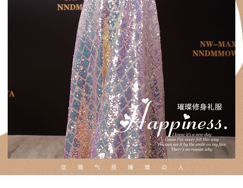 Elbow-Sleeve Dress Neck A-Line Maxi Iridescent Scoop