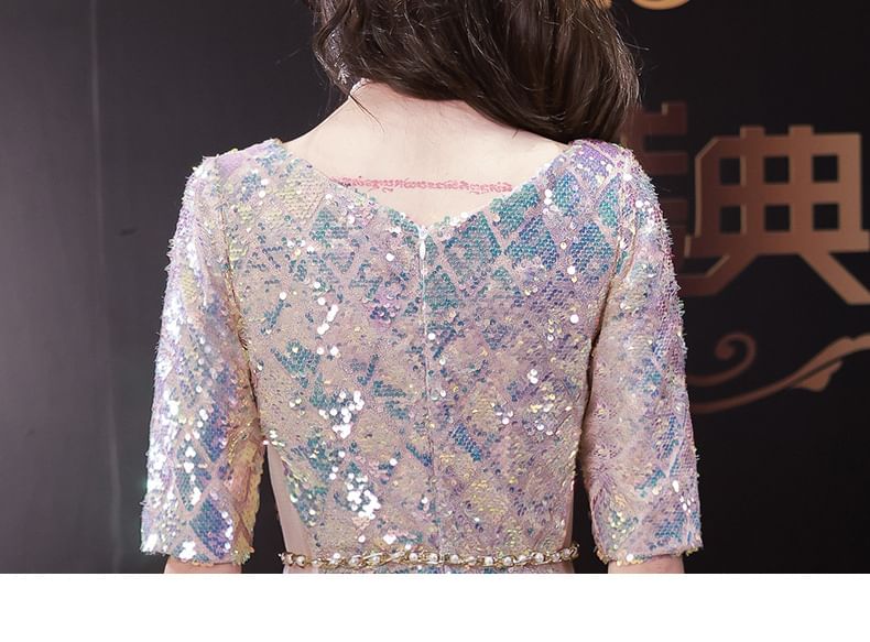 Elbow-Sleeve Dress Neck A-Line Maxi Iridescent Scoop