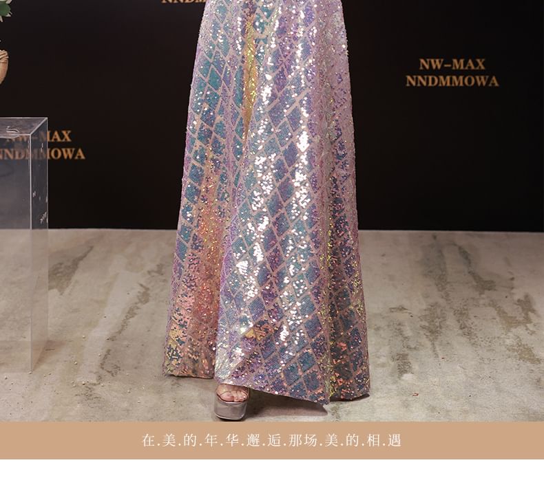 Elbow-Sleeve Scoop Neck Iridescent Maxi A-Line Dress