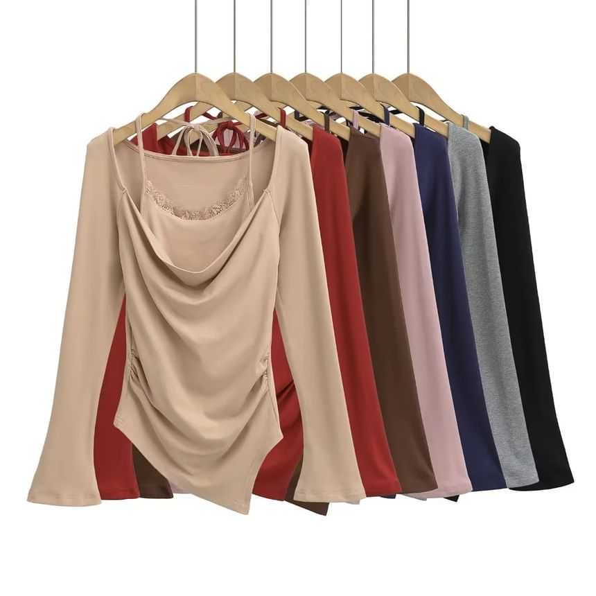 Set: Cowl Neck Asymmetric-Hem Long-Sleeve Top + Halter Lace-Trim Camisole