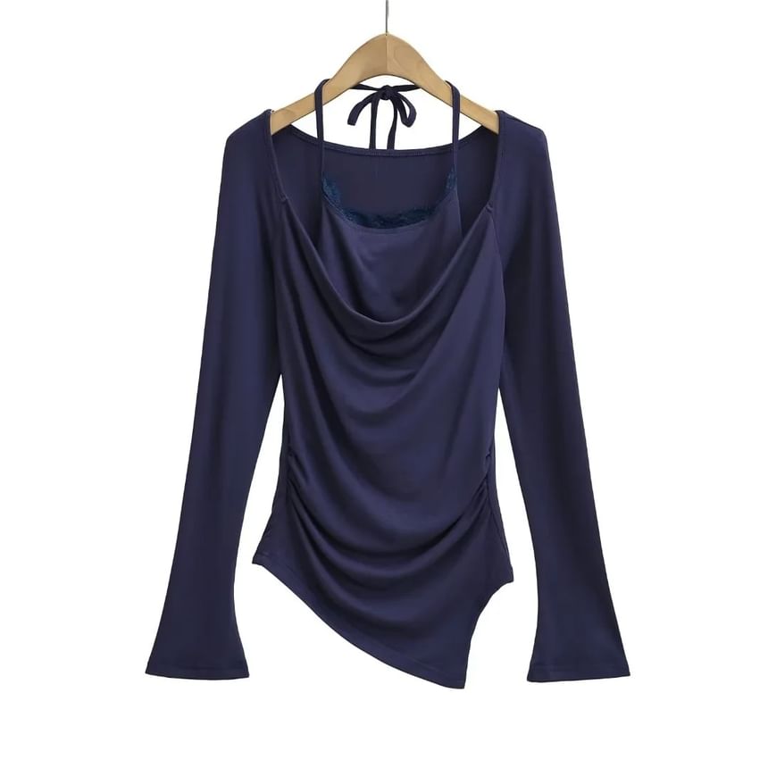 Set: Cowl Neck Asymmetric-Hem Long-Sleeve Top + Halter Lace-Trim Camisole
