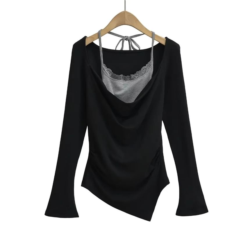 Set: Cowl Neck Asymmetric-Hem Long-Sleeve Top + Halter Lace-Trim Camisole