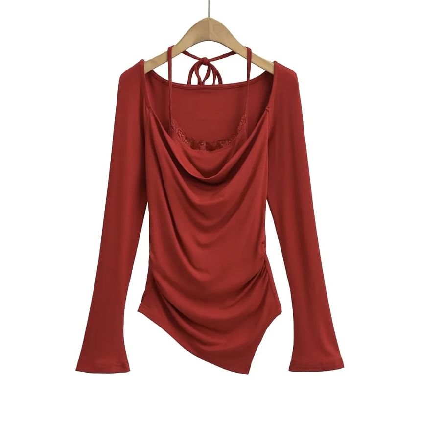 Set: Cowl Neck Asymmetric-Hem Long-Sleeve Top + Halter Lace-Trim Camisole