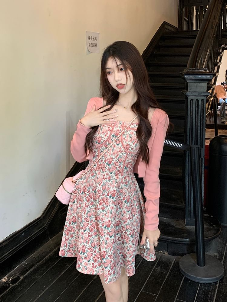 Open Cardigan Plain Mini Neck / Dress Square Strap A-Line Floral Print Front Spaghetti Crop