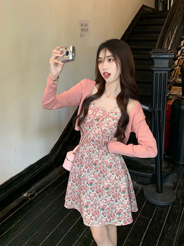 Open Cardigan Plain Mini Neck / Dress Square Strap A-Line Floral Print Front Spaghetti Crop