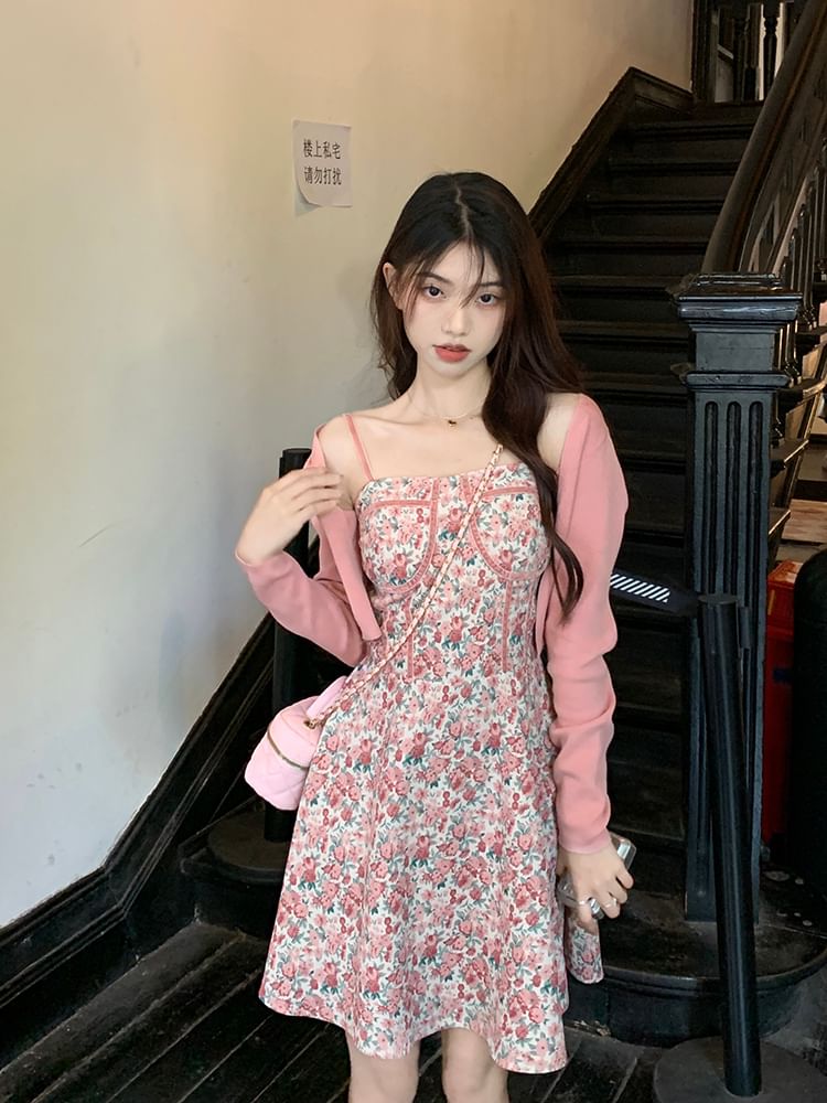 Open Cardigan Plain Mini Neck / Dress Square Strap A-Line Floral Print Front Spaghetti Crop