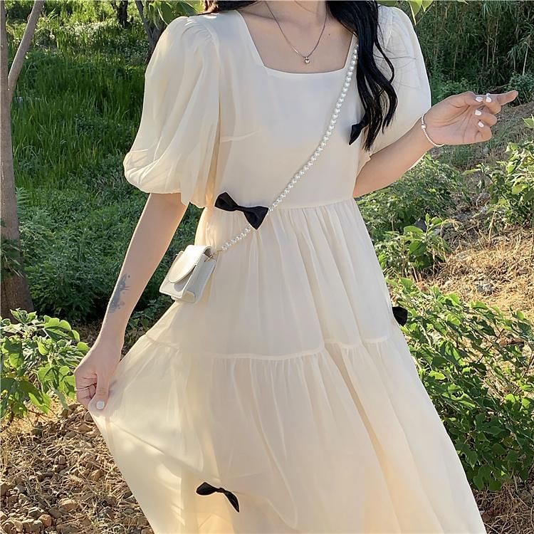 Bow Plain Square Midi Sundress Neck Puff-Sleeve