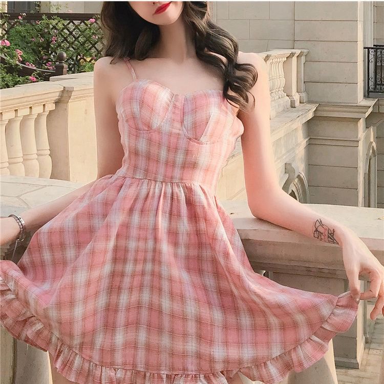 Mini Strap Dress Ruffle Plaid A-Line Spaghetti