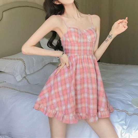 Mini Strap Dress Ruffle Plaid A-Line Spaghetti