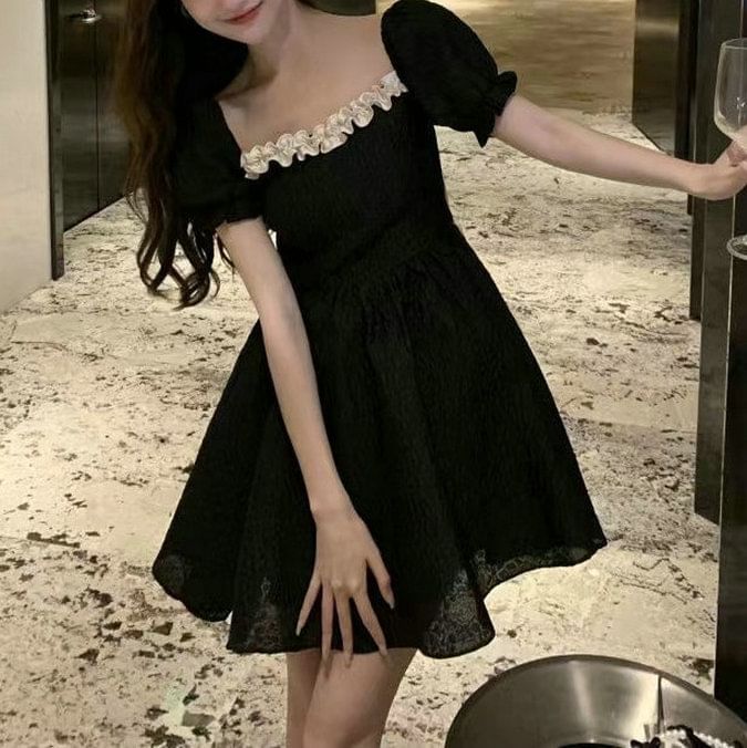 Puff-Sleeve Ruffle Mini Dress Square A-Line Neck Plain