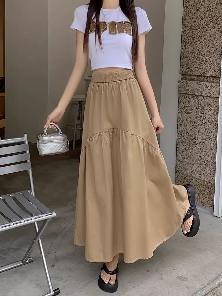 Ruched A-Line Maxi Skirt with High Waist