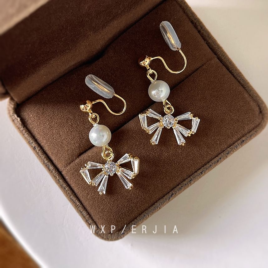 Drop Earring Faux Rhinestone Pearl Alloy Bow
