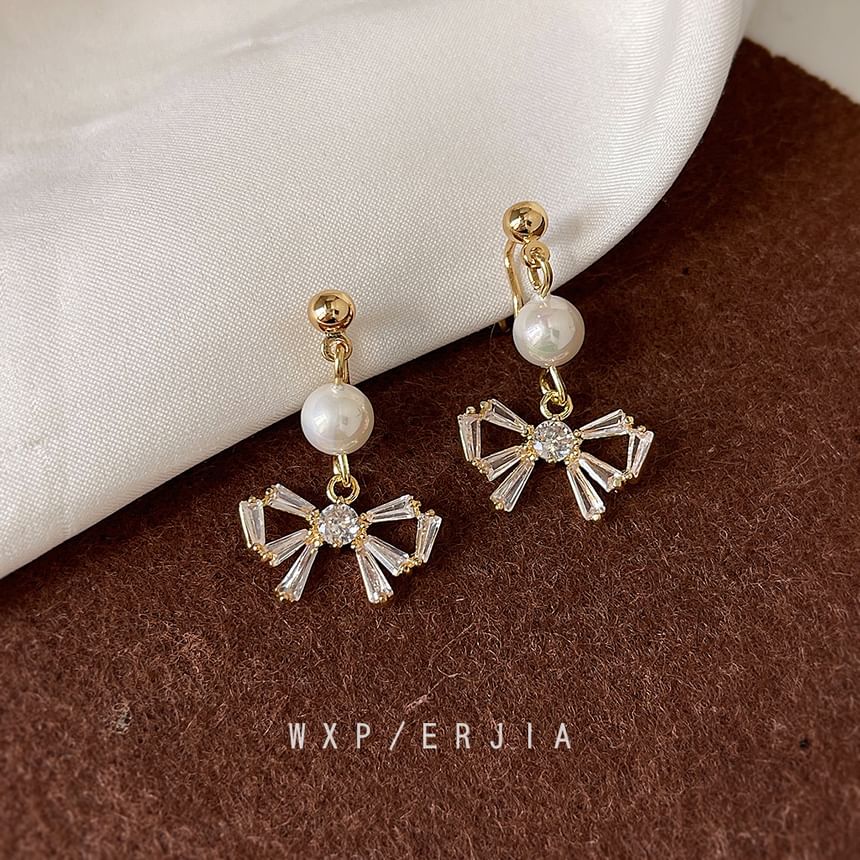 Drop Earring Faux Rhinestone Pearl Alloy Bow