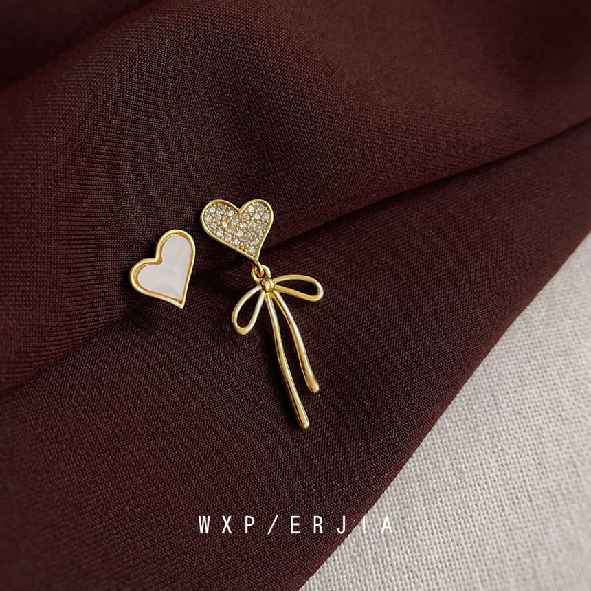 Drop Earring Heart Rhinestone Asymmetrical Alloy Bow Shell